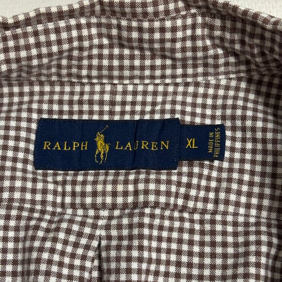 Ralph Lauren Men’s XL Stretch Twill Gingham Shirt Brown White L/S Button-Down - Picture 5 of 6